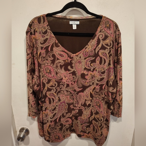 Croft & Barrow Women's Brown Paisley Print Mesh V-Neck Tip Sz 3X Casual Y2K - Picture 1 of 7